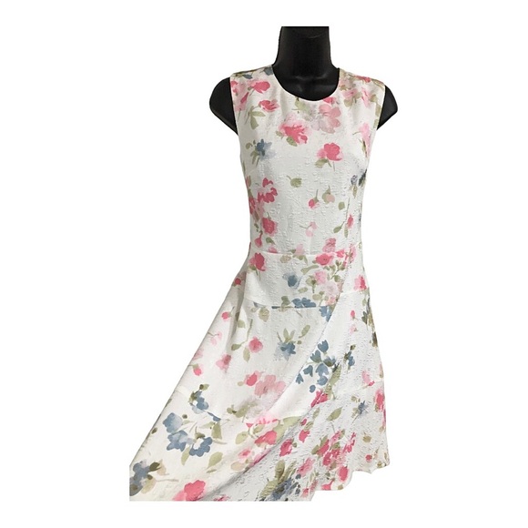 Karl Lagerfeld white jacquard print floral pink green rose fit & flare dress sz8 - Picture 3 of 14